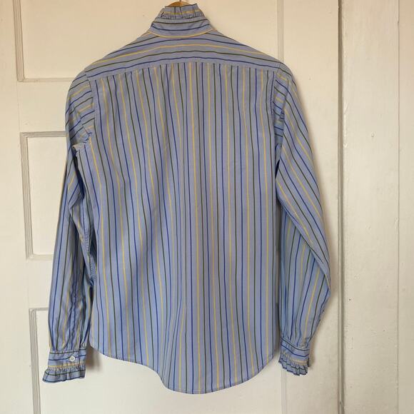 Vintage London Blue Striped Button-up Frilly Blouse Long Sleeve Hilditch & Key - Picture 8 of 9